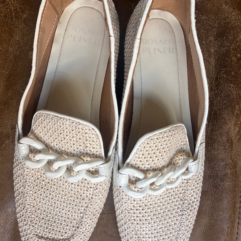 Donald J. Pliner Cream Woven Loafers with Chain Accent